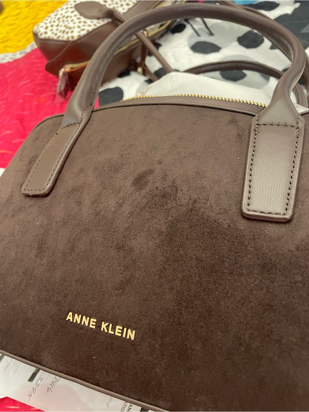 Anne Klein Chocolate Brown Suede Crossbody Satchel with Gold Logo